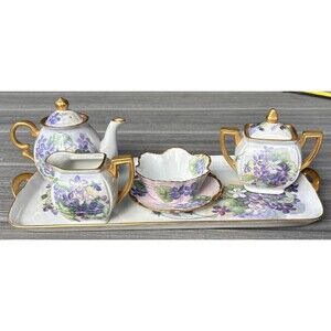 Tirschenreuth Porcelain Set of 8 Hand Painted Germany Bavaria Sugar Creamer Tray